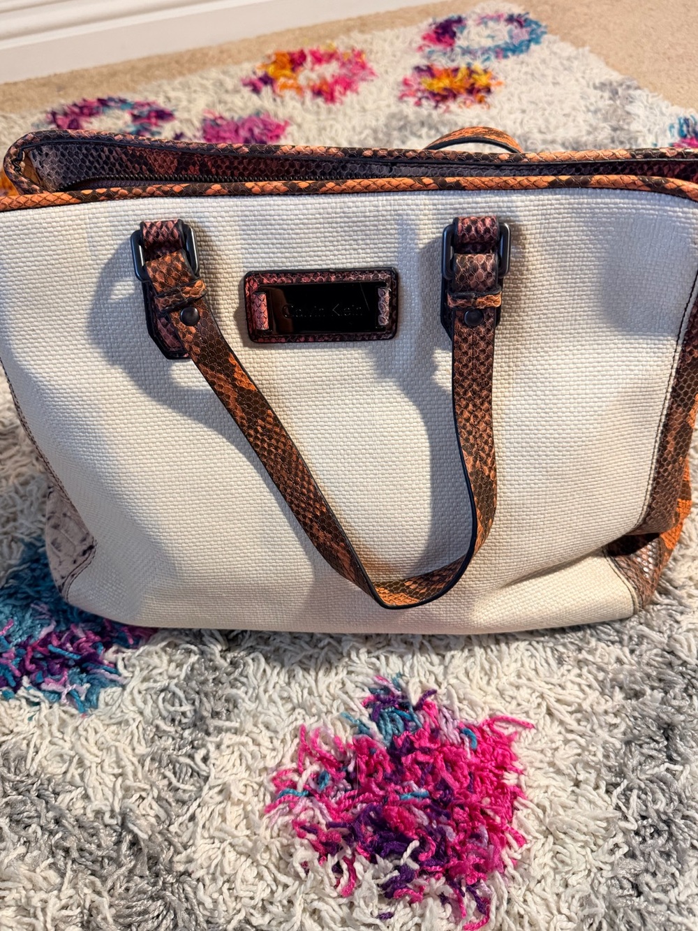 Calvin Klein Cream Canvas Tote with Brown Snake-Print Trim